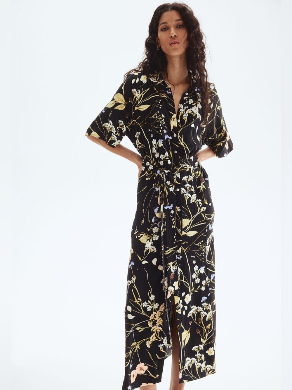 H&M Women’s Size Small Black Floral Button Front Midi Shirt Dress Short Sleeve